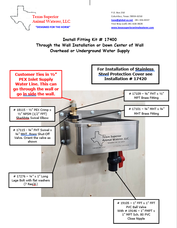 Texas Superior Animal Waterer | Installation Fitting Kit for Penetrating Stall Wall